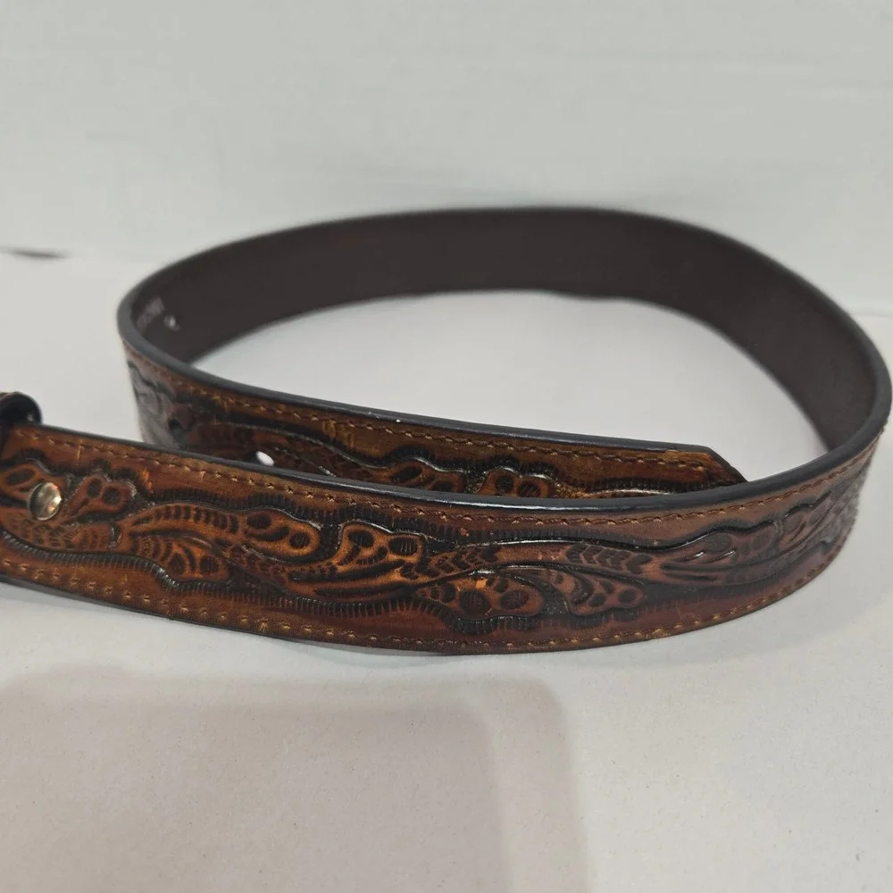 Nocona Belt Co Western Belt 24 Brown Tooled Leather Bucking Bull Buckle 30 in